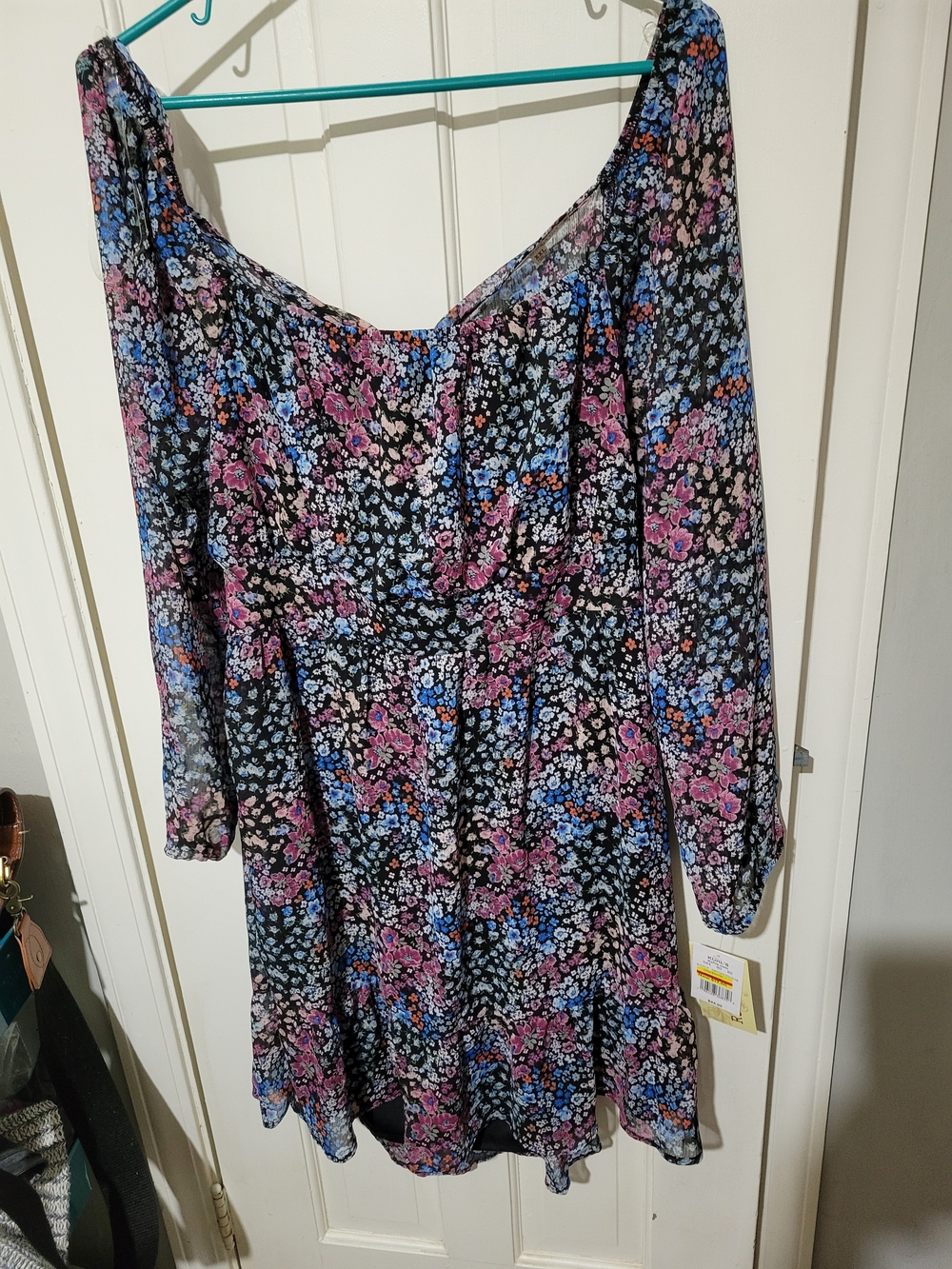 Rewind Black Floral Off-Shoulder Dress with Pink & Blue Blooms